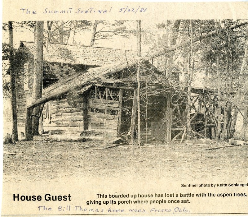 Newspaper clipping from Summit Sentinel, May 22, 1981. Featuring the Thomas home in its original location in Bill's Ranch.