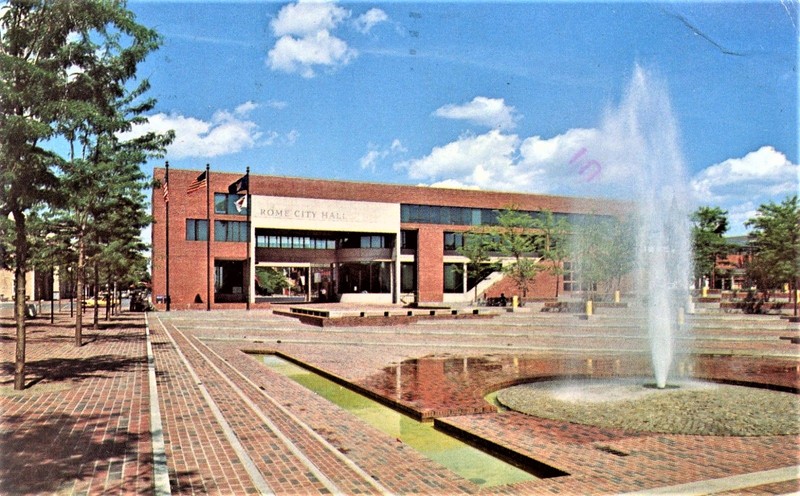 Liberty Plaza was brick-covered and had a fountain.  Image courtesy of Rome Historical Society.