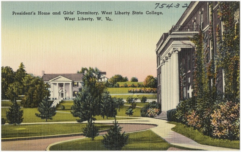 A postcard from the 1930s showing Shaw Hall (right) and the President's Mansion (center).