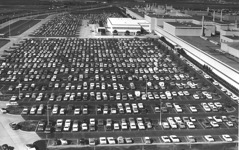 An aerial view of the completed plant. The area around the factory, highly developed today, remained farmland for some time after construction was completed.