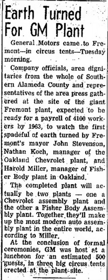 September 20, 1961. A front page article in The Argus newspaper of Alameda County detailing the groundbreaking ceremonies for the Fremont Assembly plant.