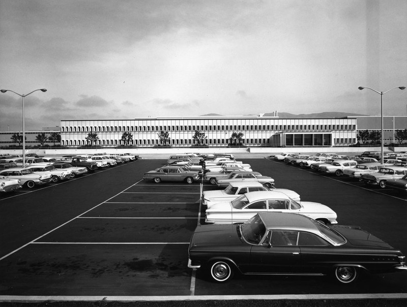 Fremont Assembly's parking lot in the 1960s. The building facade pictured still remains as part of the Tesla Factory today.