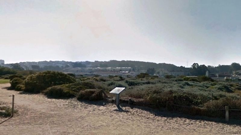 A wide view of the Homeland of the Yelamu Historical Marker, as seen when looking south from Crissy Field Beach