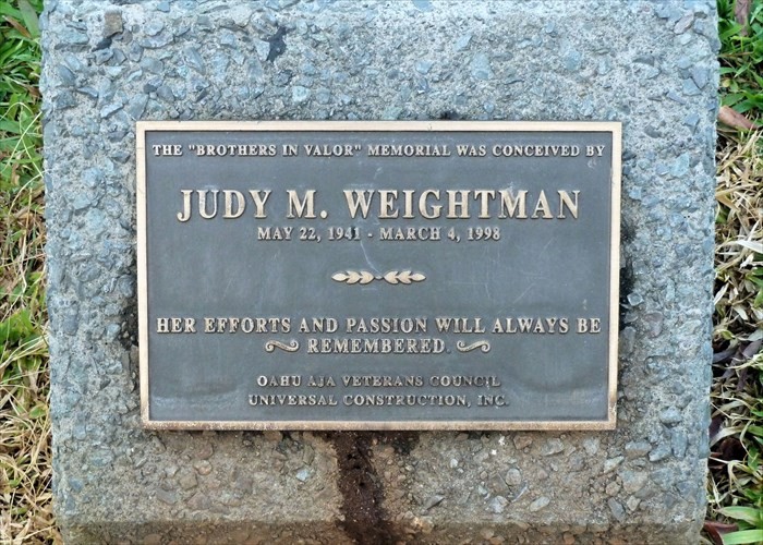 This plaque commemorates Judy M. Weightman whose work made this memorial possible.