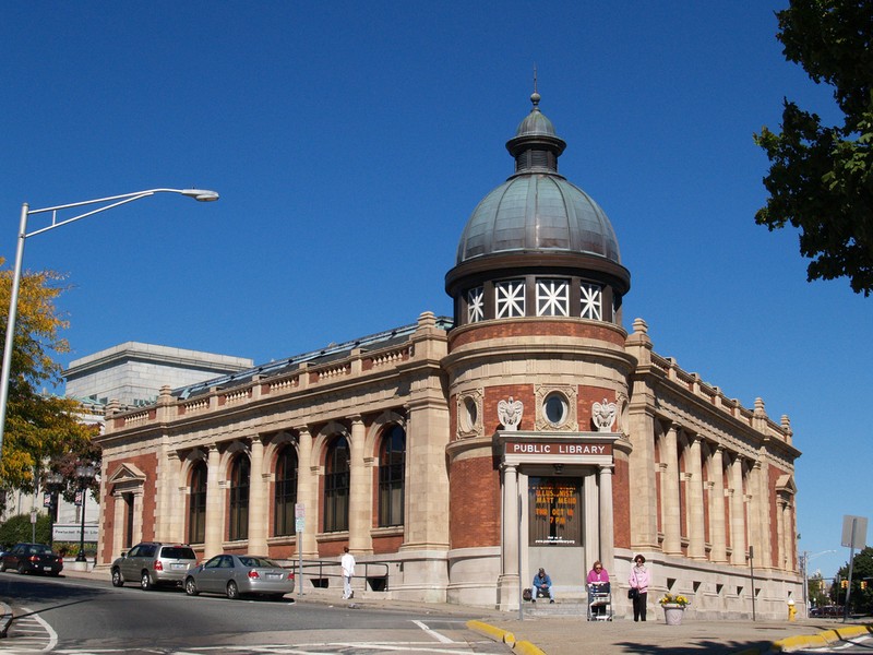 The Gerald S. Burns Building was built in 1896 as a federal post office. It is now part of the public library.