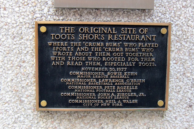 The marker on 51st Street noting the location of the original Toots Shor's Restaurant (1940-1959)