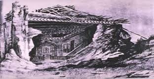 1857 sketch of building destroyed in earthquake