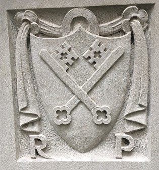 Seal of the librarian and printer Christoph Valdarfer of Milan, Italy around 1474, representing a medieval addition. Located in the atrium at the front entrance to Wise Library. 