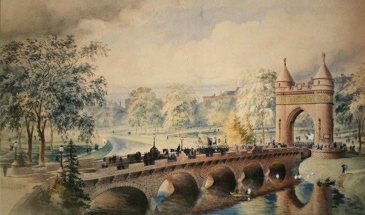 A painting of a long-vanished bridge over the long-buried Park River - and also the still-standing Soldiers and Sailors Memorial Arch.