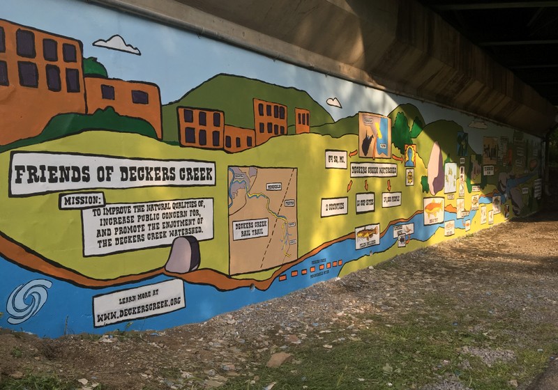 The Friends of Deckers Creek mural is both educational and artistic, a beautiful work of art along the Deckers Creek Rail Trail. Courtesy of Friends of Deckers Creek.