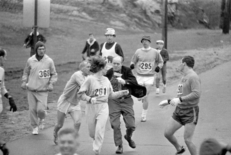 Kathy Switzer attempts and completes the Boston Marathon in 1967, a time at which women were not allowed to participate. 