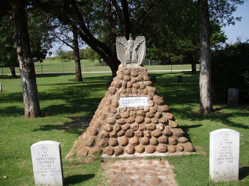 Geronimo's grave site featuring the spread-winged eagle perched on top. This is seen as a monument to all of the Apache prisoners of war.