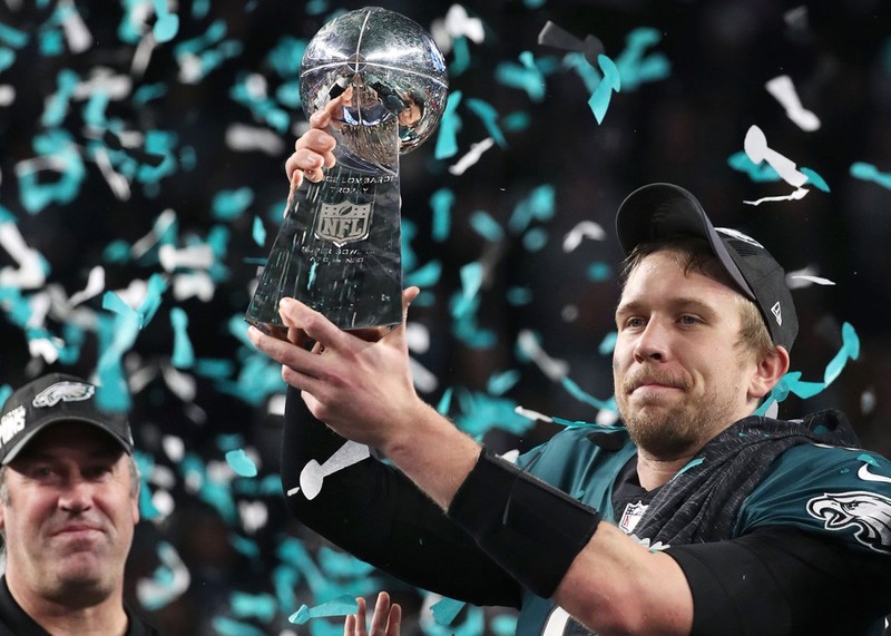 Philadelphia Eagles quarterback Nick Foles (9) holds up the Vince Lombardi  Trophy after Super Bowl LII at U.S. Bank Stadium in Minneapolis, Minnesota  on February 4, 2018. The Philadelphia Eagles won 41-33