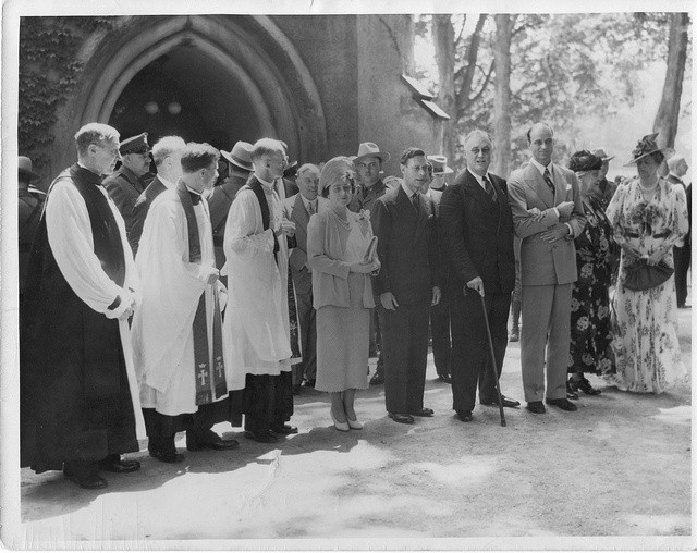 President Franklin D. Roosevelt, along with his son James, wife Eleanor, and mother Sara, attend church at St. James' with King George VI and Queen Elizabeth of England in June 1939 