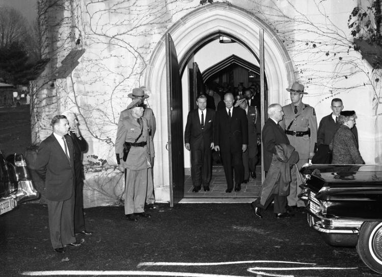 Former president Harry Truman, his wife Bess, former president Dwight Eisenhower, and Governor Nelson Rockefeller of New York leave St. James'  Church after the funeral of Eleanor Roosevelt, November 10, 1962