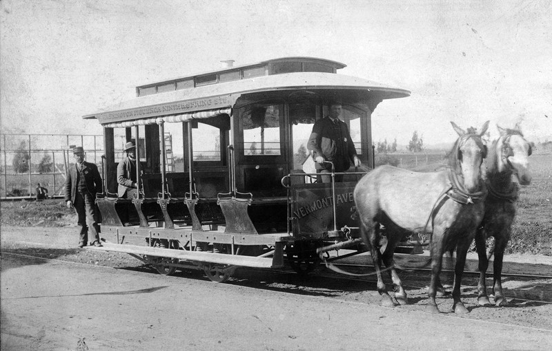 A Los Angeles example of a horse-drawn omnibus trolley (image from KCET Media)