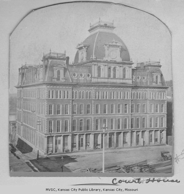 The first courthouse in Kansas City stood on Second and Main Streets from 1872 until a tornado destroyed the top two floors in 1886. Image courtesy of the Missouri Valley Special Collections.