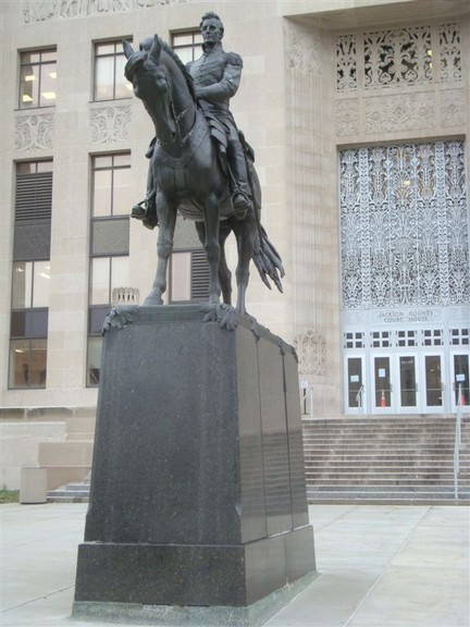 A statue in front of the main entrance depicts Andrew Jackson, the celebrated War of 1812 veteran, seventh President of the United States, and namesake of Jackson County, Missouri. Image obtained from presidentusa.net. 