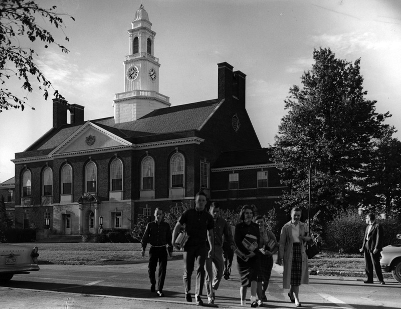 Students walking away from Keen Johnson Building, ca. 1961. EKU Photograph Collection. 