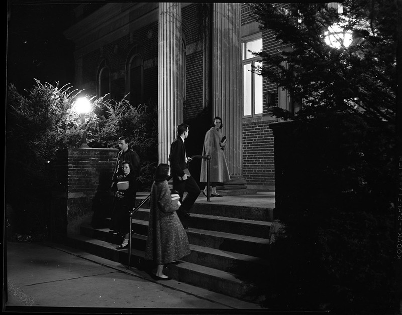 Students walking down the stair in front of the Crabbe Library. EKU Photo Collection.