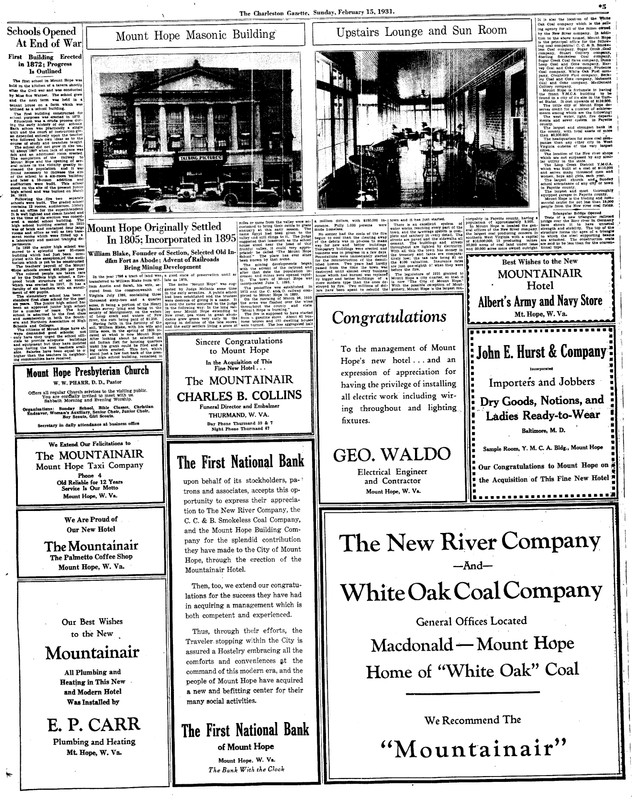 This is part of a special section of the Charleston Gazette that featured all the amenities of the town of Mount Hope offered travelers to the area.  