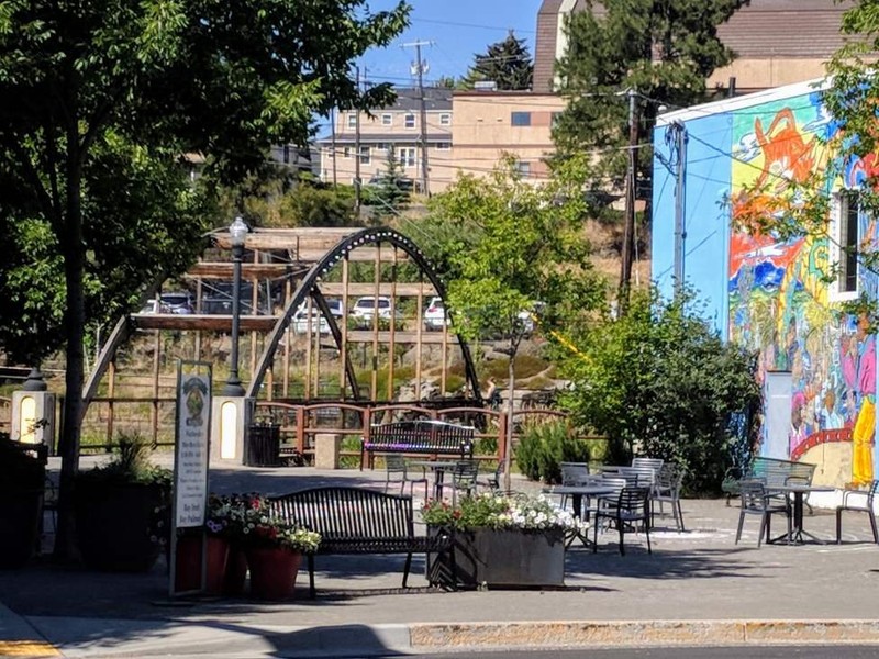 The Pine Street Plaza with Mural and Bridge