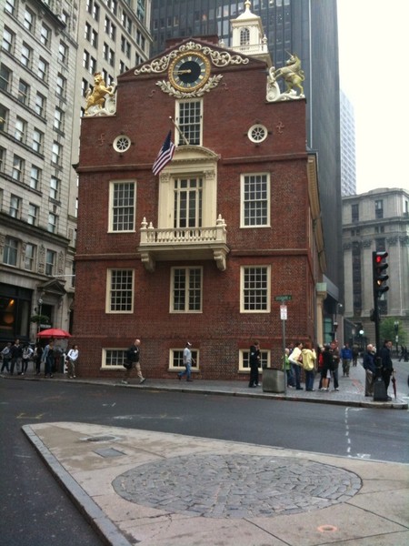 A circle of cobblestones in front of the Old State House marks the location of the Boston Massacre