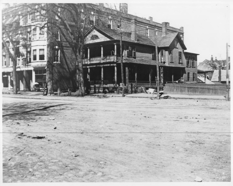 Endicott Hotel (Blanchard's Block) and nearby house, demonstrating how the Endicott arose as the first commercial building on that section of Main Street in 1894.