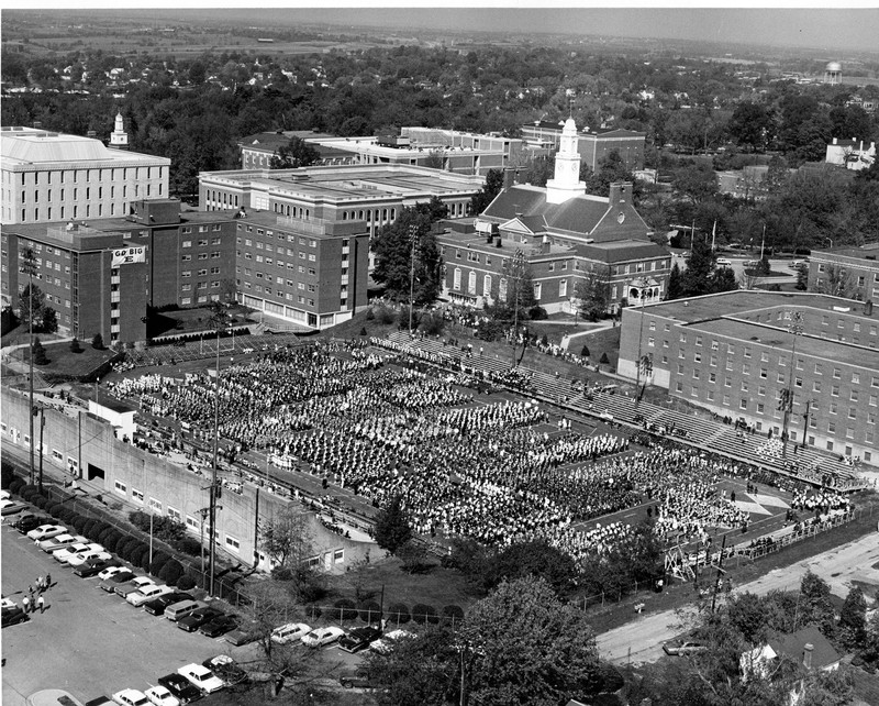 Hanger Stadium, aerial view, high school marching bands cover the field, Band Day, 1967.  EKU Photo Collection.
