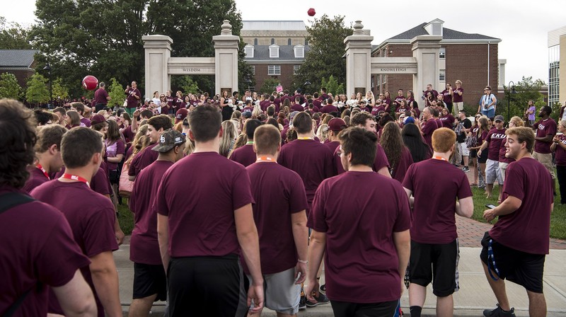 Students walking through the Turner Gate as part of the Big E Welcome.  