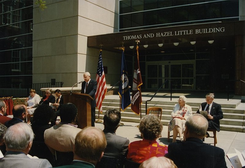 Hanly Funderburk speaking at the dedication of the Thomas and Hazel Little addition of the Crabbe Library, 1996.  EKU Photo Collection.