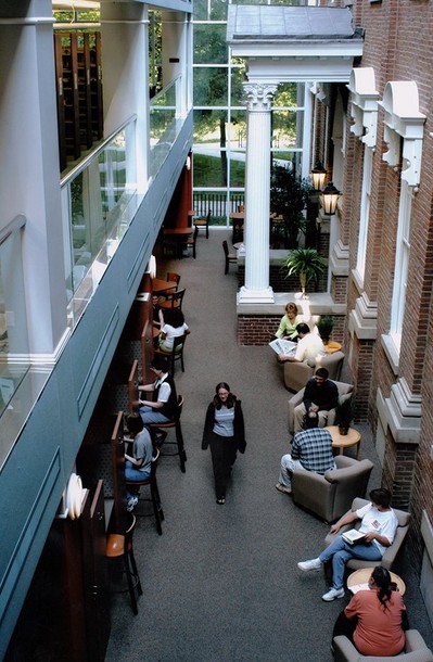 Photo looking down into the open area inside the Thomas and Hazel Little Building addition to the Library where it connects to The University building, 2005.  EKU Photo Collection.