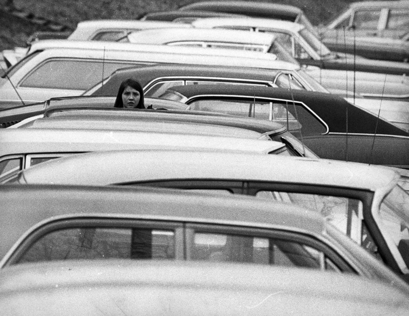 Cars parked in front of Sullivan Hall, 1970.  EKU Photograph Collection.