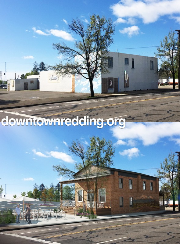 The Bell Rooms building, c. 2016 (top) and an architectural rendering of a new plan to preserve the property (bottom)