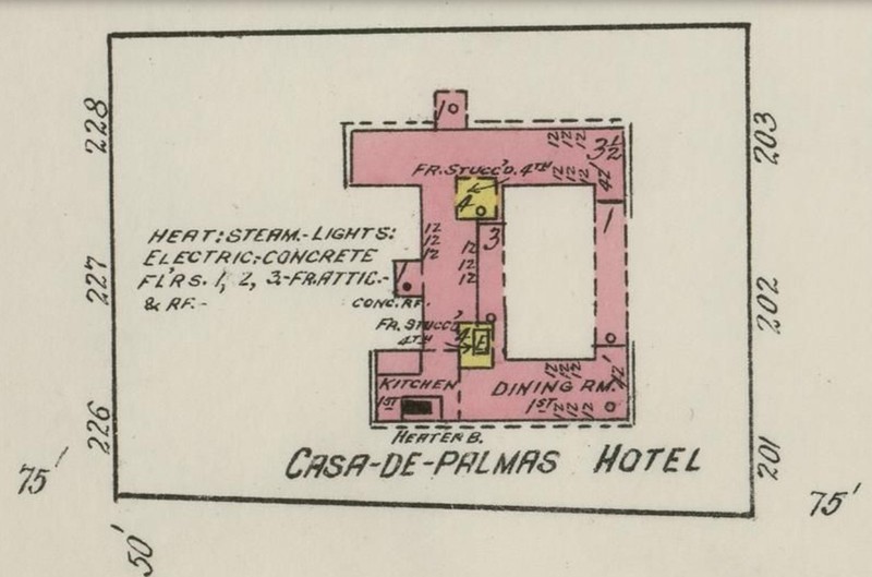 Casa de Palmas Hotel on 1919 Sanborn map of McAllen, Texas; red = brick, yellow = wood (p. 4)