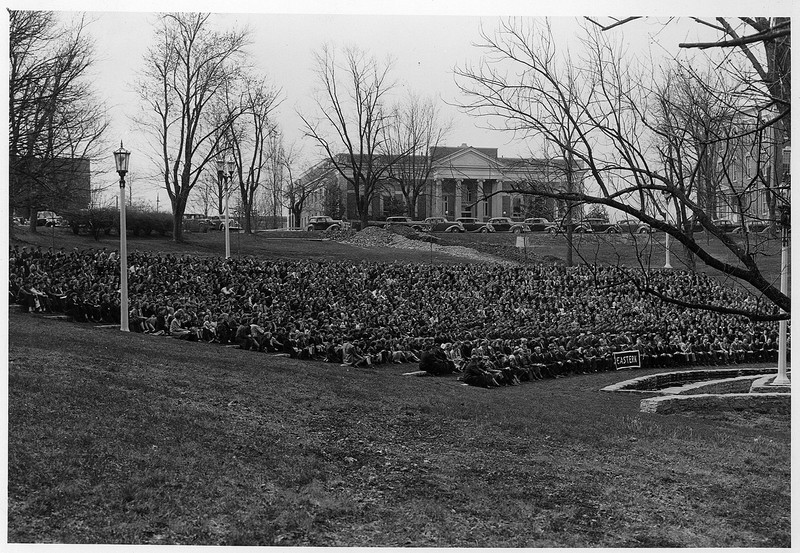 The entire student body and faculty sitting in the Ravine, 1939.  EKU Photo Collection.