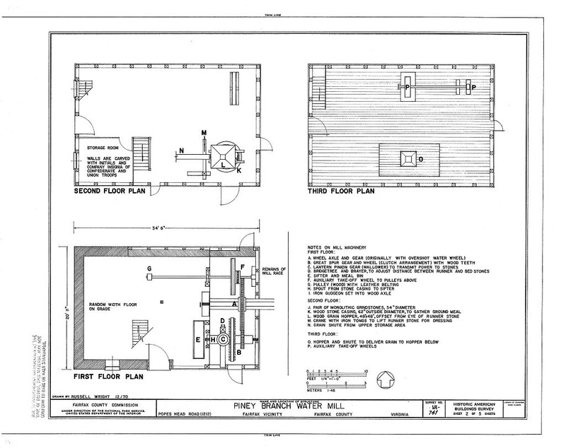 HABS Drawing, Floor Plan of 3 levels of Piney Branch Water Mill, 1970