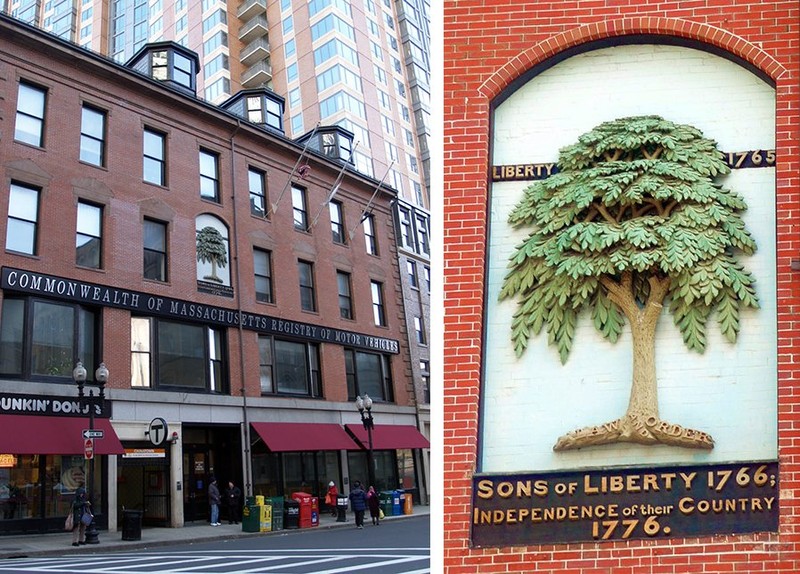 The Liberty Tree was located at the site of this building, which includes a plaque as well as a bas relief image of the tree. 