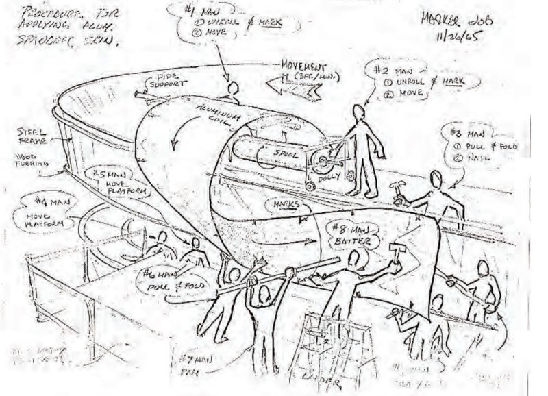 Sketch by architect in 1965 of how to apply aluminum cladding to Markel Building