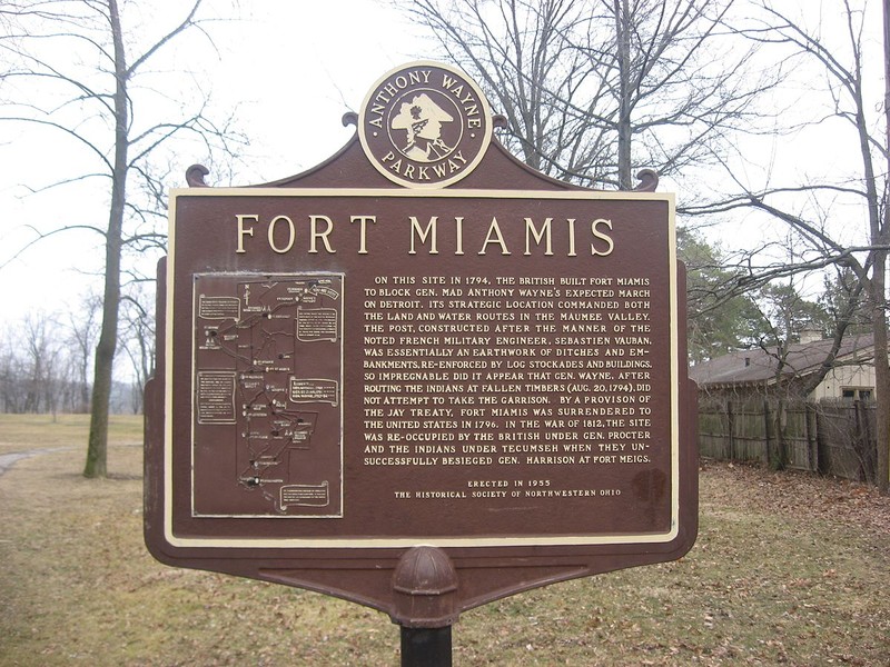 A marker detailing the history of Fort Miamis.