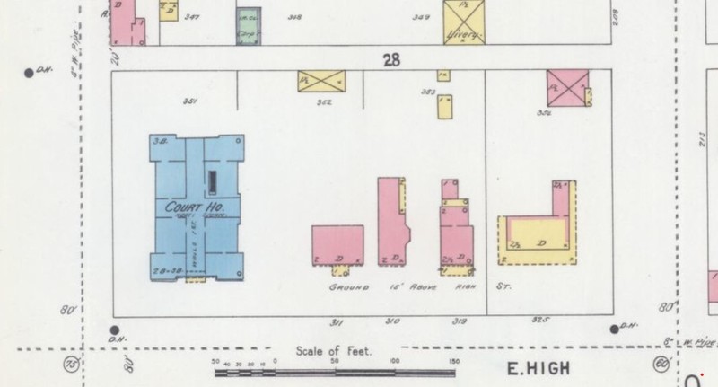 Courthouse (blue=stone) on corner of E. High and Monroe Streets on 1898 Sanborn map (Sanborn Map Company p. 6)