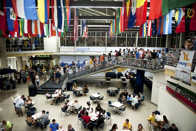 The Mountainlair's cafeteria and food court, featuring flags from around the world. 