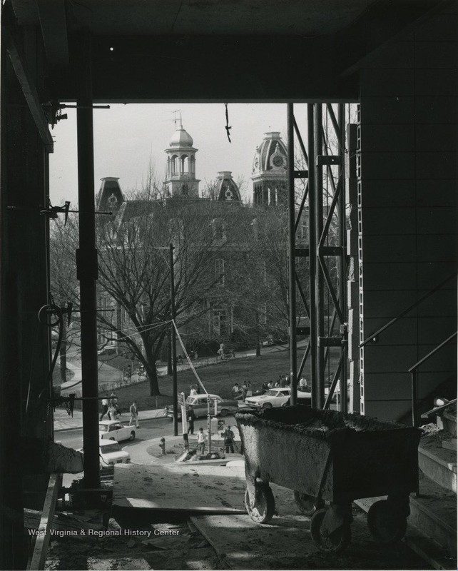 View towards Woodburn Circle and including Martin Hall during the construction of the new Mountainlair in 1966. Photo courtesy of West Virginia and Regional History Center, WVU Libraries.