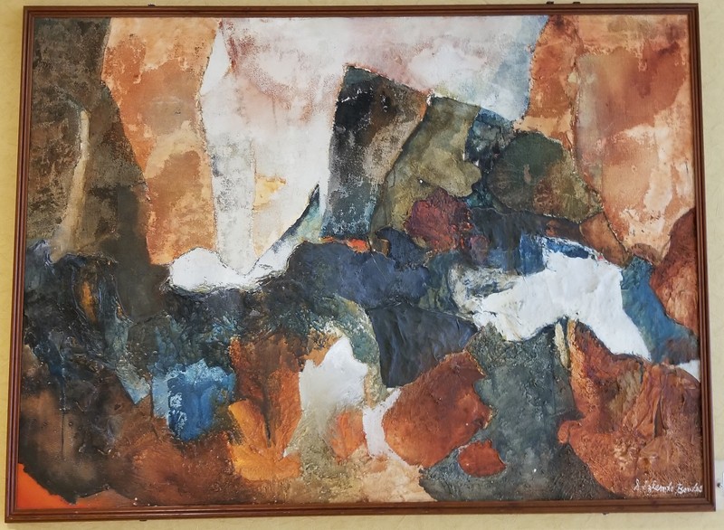 "Untitled Abstract" by Suzanne S. Bowles. Oil painting. On display on the second floor of the Mountainlair down the hall to the right after coming up the main stairs. In the permanent Mountainlair Collection.