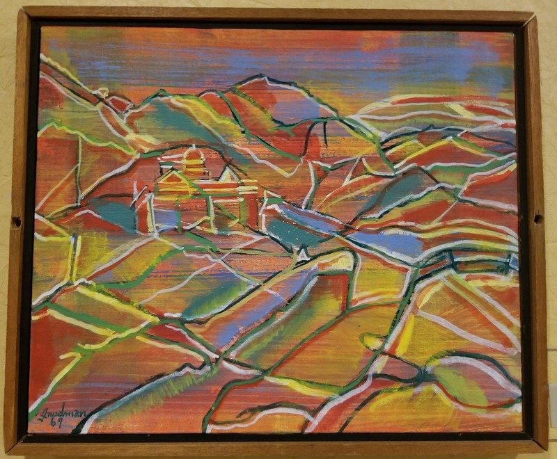 "Humphrey Mine" by Ben Freedman. Acrylic painting on canvas. On display on the second floor of the Mountainlair down the hall to the right after coming up the main stairs. In the permanent Mountainlair Collection.