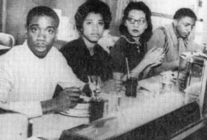 Four Nashville students including Diane Nash participate in the Nashville sit-ins 