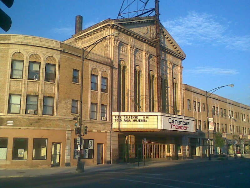 Exterior view of the Congress Theater on Milwaukee Avenue, Chicago, looking East.
