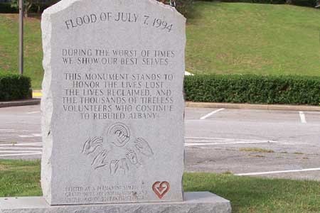 The memorial stands in tribute to the thousands of volunteers who helped rebuild Albany after the devastation of the Flood of 1994.