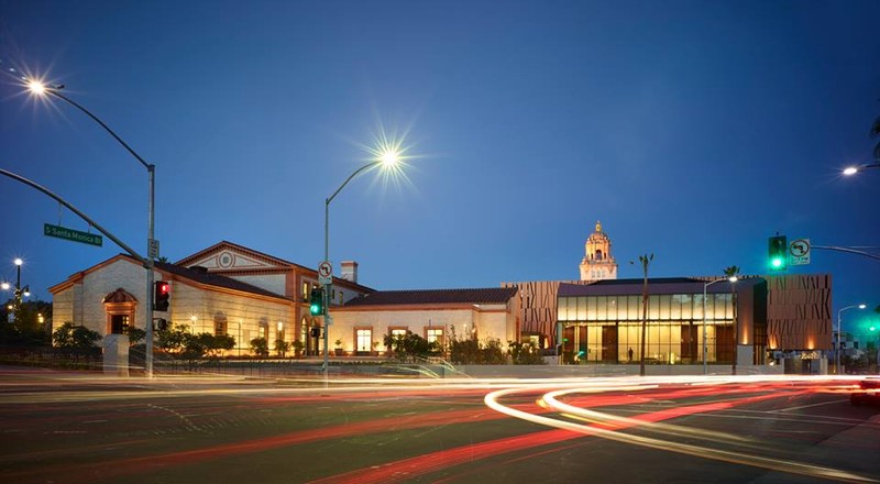 The Wallis seen at night from Santa Monica Blvd.