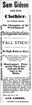 Ad for Sam Gideon's clothing business from 1883